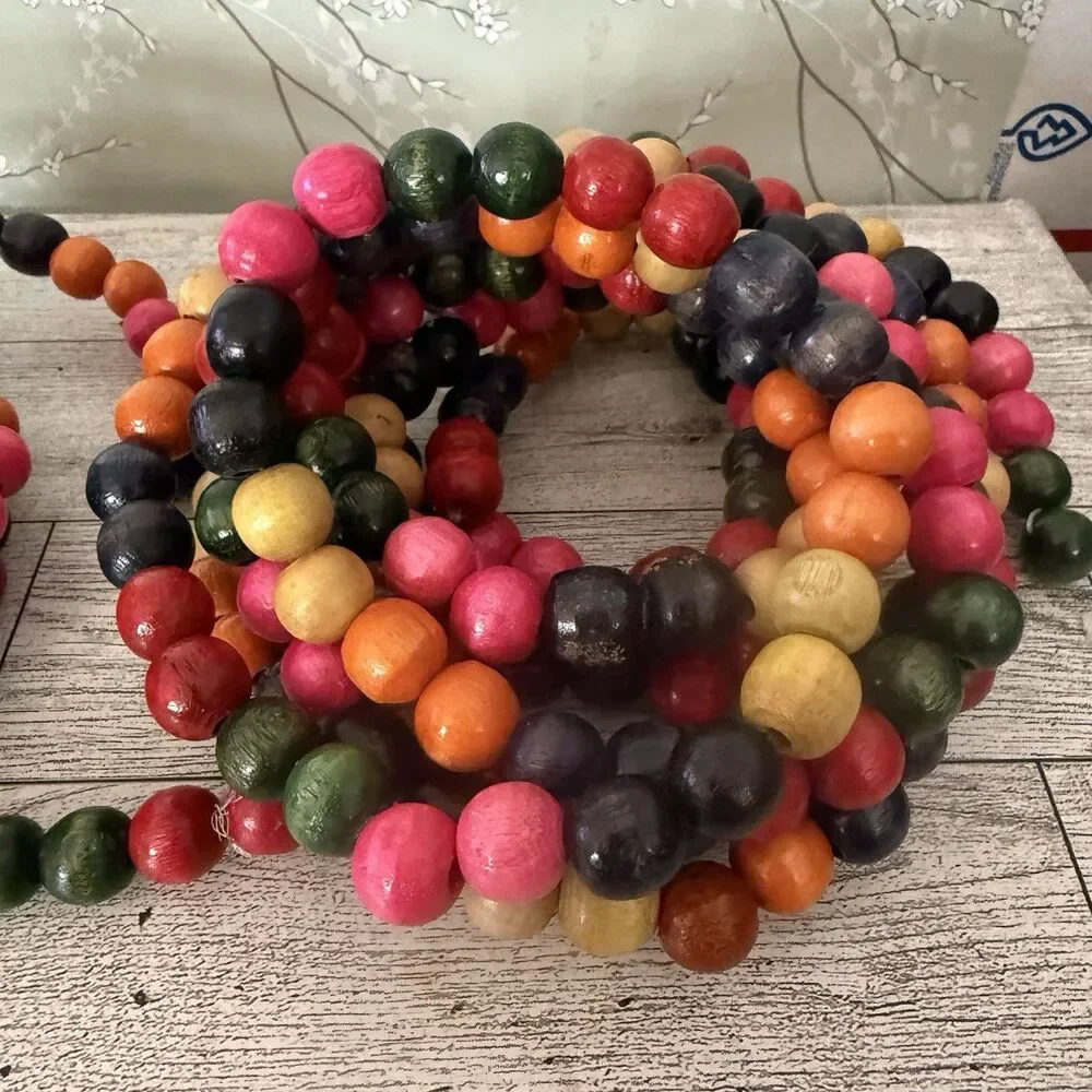 Vintage 9 ft WOODEN BEAD Christmas Tree Garland Strands Multi-Color LOT OF 2